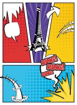 Colored comic page with eiffel tower and speech bubbles Vector Stock Illustration