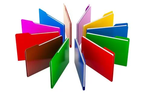 Colored computer folders in circle, 3D rendering isolated on black background Illustrazione stock