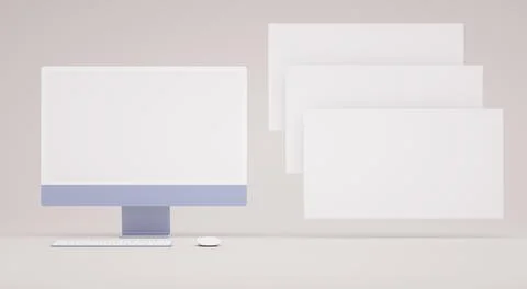 Colored computer screen mockup with blank screen and floating slides for ui u Stock Illustration