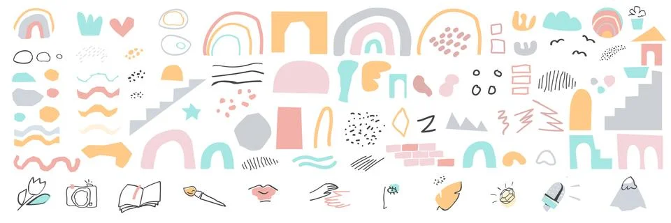 Colored constructor set of hand drawn abstract shapes, lines and doodle objects Stock Illustration
