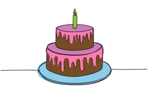 Colored continuous single line drawing of birthday cake with candle イラスト素材