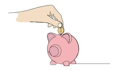 Colored continuous single line drawing of hand inserting coin into piggy bank イラスト素材