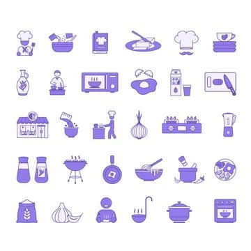 Colored Cooking Icon Set. Vector Illustrations: Recipe, Chef, Ingredients, .. Stock Illustration