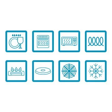 Colored Cookware Signs. Kitchenware Labels. Safe for: Dishwasher, Oven, Mic.. Stock Illustration