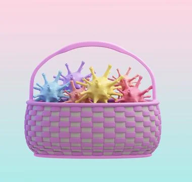 Colored Coronavirus instead of eggs lies in an Easter basket. Coronavirus Stock Illustration