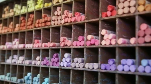 Colored crayons for drawing, located on shelves Stock Footage 127637129