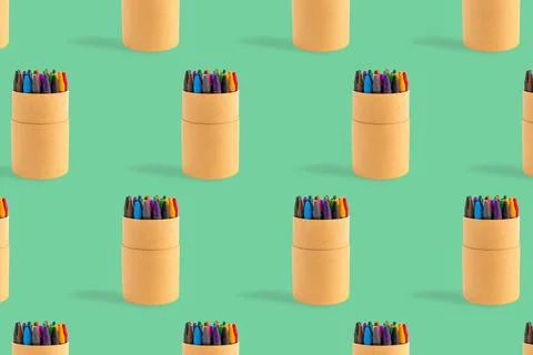 Colored crayons pattern composition pastel background. Waxy pencils eco box Stock Illustration