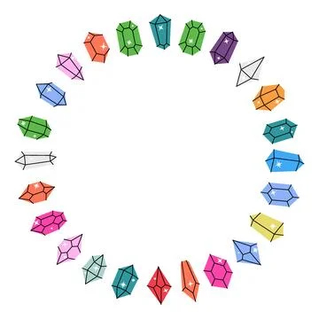 Colored crystals in circle. Magic gem stones. Crystals of various geometric Stock Illustration
