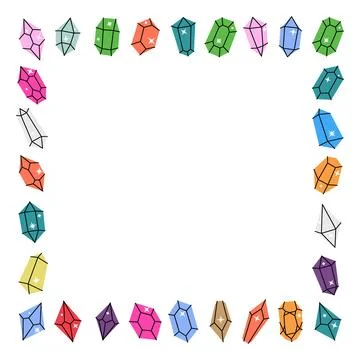 Colored crystals in square frame. Magic gem stones. Crystals of various 스톡 일러스트