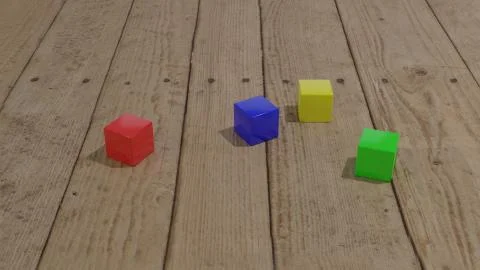 Colored cubes on wooden surface. 3d rendering Stock Illustration
