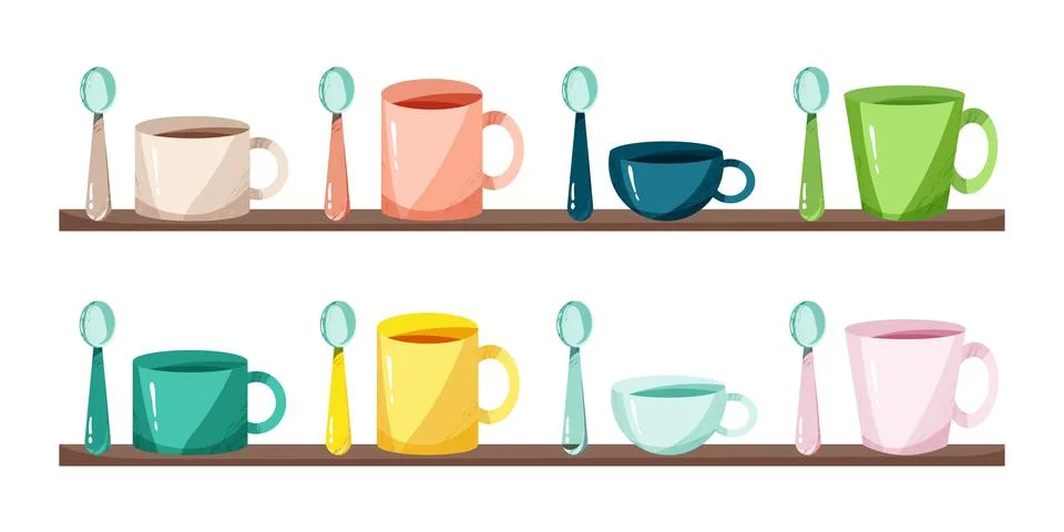 Colored cups of different shapes and spoons set. Vector illustration in flat Illustrazione stock