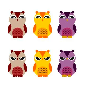 Colored cute owls set of flat icon Stock Illustration
