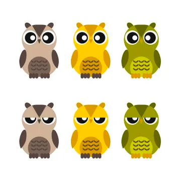 Colored cute owls set of flat icon Stock Illustration
