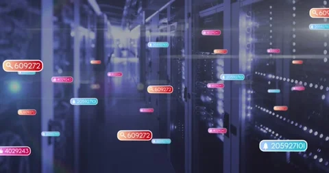 Colored data tags initiating from front drifting down server aisle showing 스톡 동영상 321099207