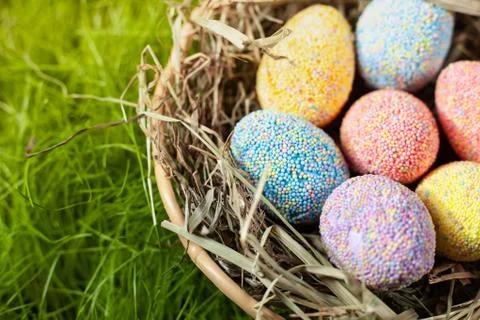 Colored decorative Easter eggs in a basket with hay on a green lawn Stock Photos