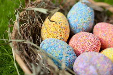 Colored decorative Easter eggs in a basket with hay on a green lawn Stock Photos