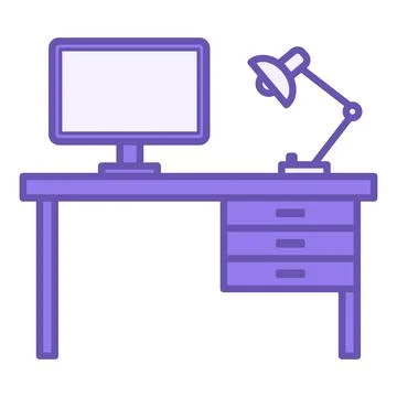 Colored Desk Icon. Vector Icon. Table, Computer, and Lamp. Furniture. Offic.. イラスト素材