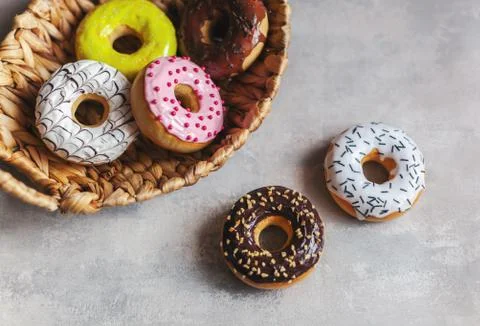 Colored different donuts with icing and topping Foto stock