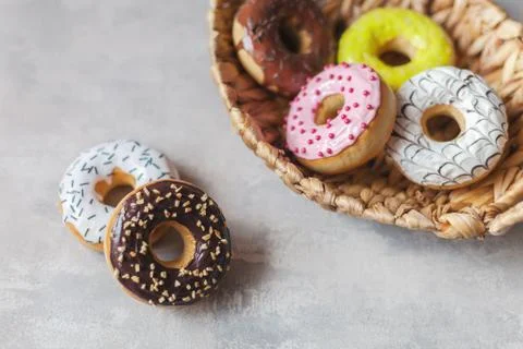 Colored different donuts with icing and topping Foto stock