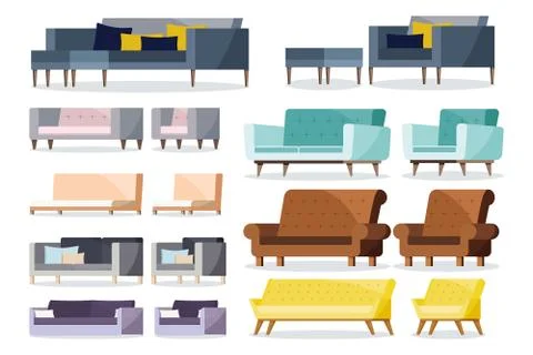 Colored different shape soft and leather sofa and armchairs with cushion icon Stock Illustration