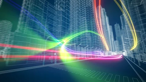 Colored Digital Streams Flying Through the Beautiful Modern Abstract City Grid Stock-Footage 111340583