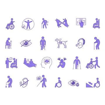 Colored Disability Icon Set. Vector Illustrations Wheelchair, Crutches, Bli.. イラスト素材