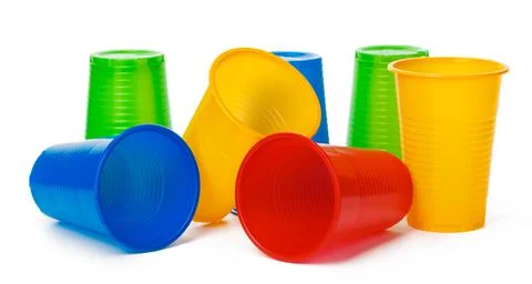 Colored disposable cups for drinks isolated on white Stock Photos