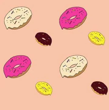 Colored donuts on a peach background, hand-drawn, vector background for design Stock Illustration