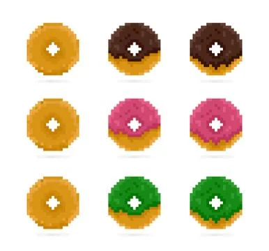 Colored donuts set in pixel art style. Pink, green and brown doughnut. Dessert Illustrazione stock