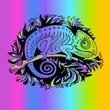 Colored Doodle Stylized Chameleon Hand Drawn Isolated on Rainbow Background. Stock Illustration