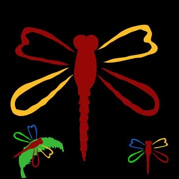 Colored dragonfly logo with open wings top view transparent background Stock Illustration