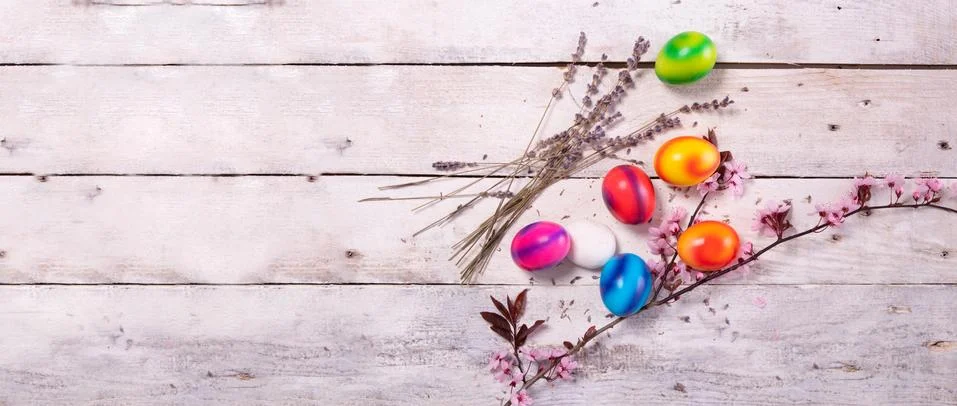 Colored easter egg on wood background Foto stock