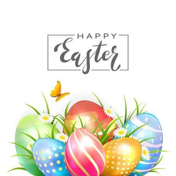 Colored Easter Eggs and Butterfly on White Background Illustration