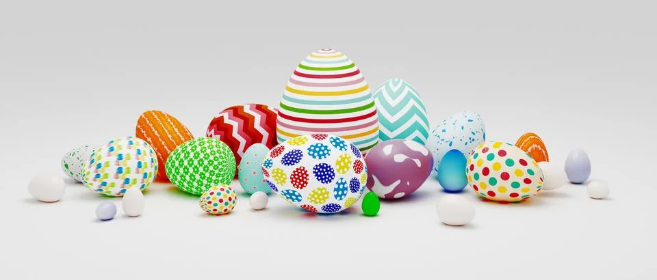 Colored easter eggs and gifts, 3d rendering Stock Illustration