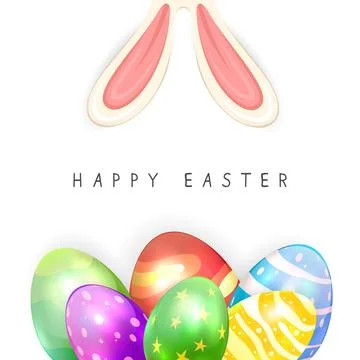 Colored Easter Eggs and Rabbit Ears on White Background Stock Illustration