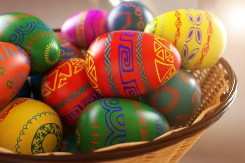 Colored easter eggs in a basket close-up. 3D rendering illustration. Stock Photos