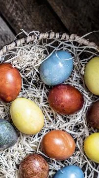 Colored Easter eggs in a basket Stock Photos