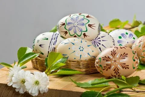 Colored Easter Eggs With Blossom On The Gray Background Stock Photos
