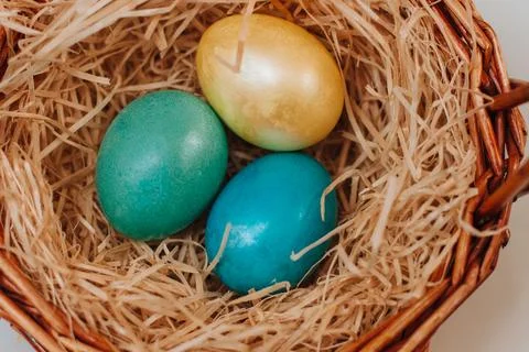 Colored easter eggs in a brown basket of twigs Stock Photos