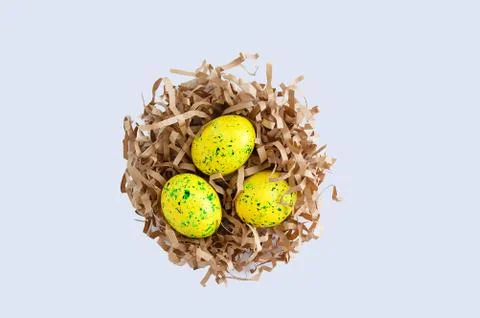 Colored easter eggs in brown paper chips. On a white background. Stock Photos
