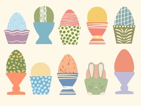 Colored Easter eggs in cute cups vector illustration set. Eggs decorated with Stock Illustration