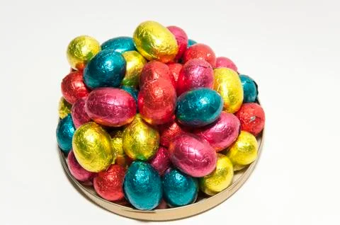 Colored easter eggs on a dish Stock Photos