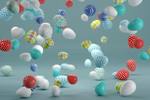 Colored Easter eggs floating in the air. 3d render Foto stock