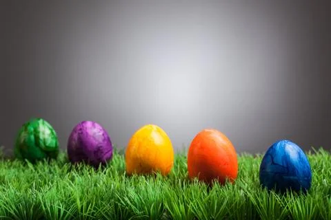 Colored easter eggs in grass, gray background Stock Photos