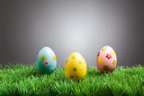 Colored easter eggs in grass, gray background Foto stock