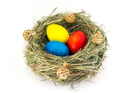 Colored easter eggs in grass nest with bumps Stock Photos