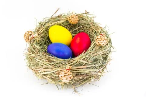 Colored easter eggs in grass nest with bumps Stock Photos