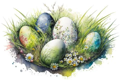 Colored easter eggs in grass, white background. Easter illustration. Stock Illustration