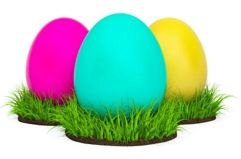 Colored Easter Eggs in the green grass, Easter concept. 3D rendering Illustrazione stock