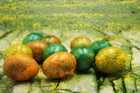 Colored Easter eggs hidden in flowers and grass . Stock Photos